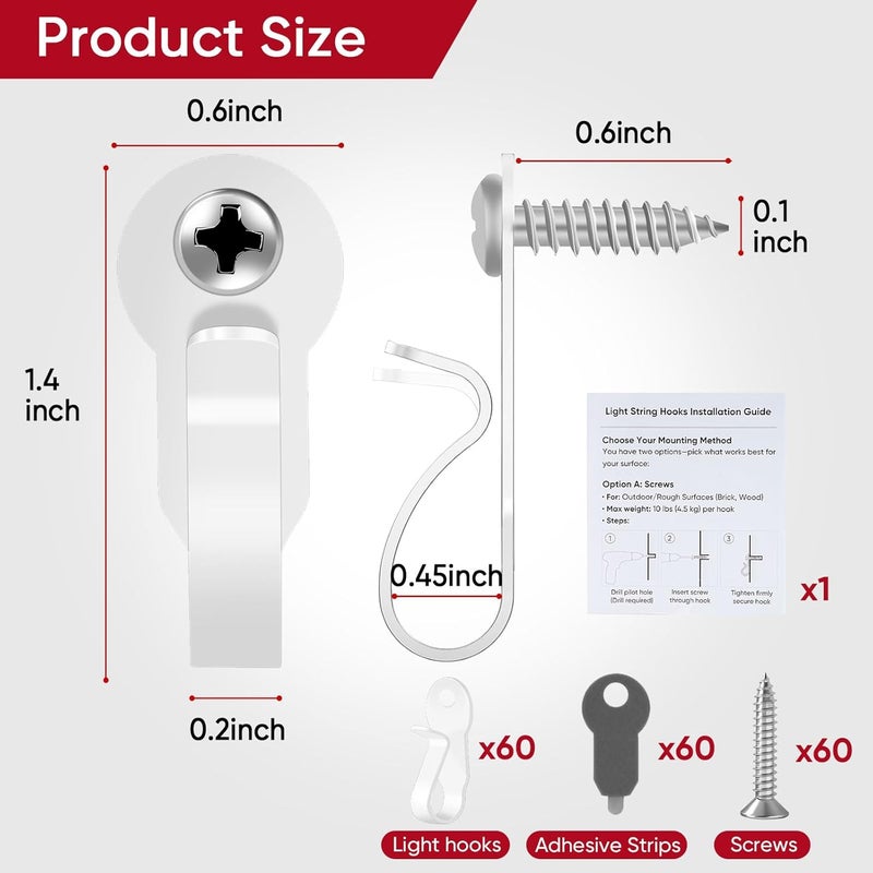 Dreecy 60 Pack Hooks for Outdoor String Lights Clips, Metal Heavy Duty String Light Hook with Screw & Adhesive Strips, Christmas Light Clips for Outside or Indoor Holiday Decor, Fairy Led Lights, Etc. White - Image 3